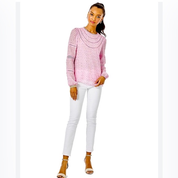 Lilly Pulitzer Briley Top Metallic Calla Lilly Pink Eyelet Peasant Size S EUC - Picture 4 of 5